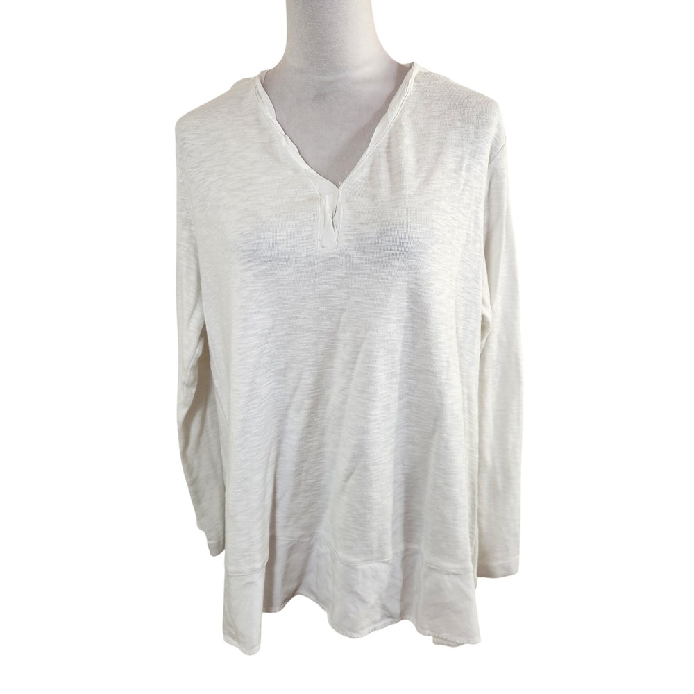 LOGO Lori Goldstein Womens XL White Slub Knit Long‎ Sleeve Henley Tunic Top